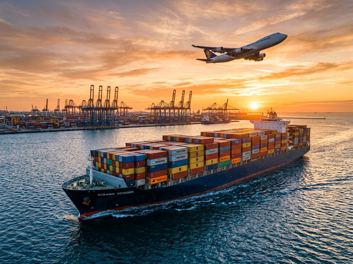 Logistics cargo ship and aircraft in global operations